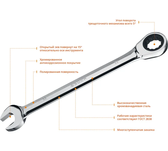 Ключ гаечный, комбинированный трещоточный, 32 мм, ЗУБР Профессионал 