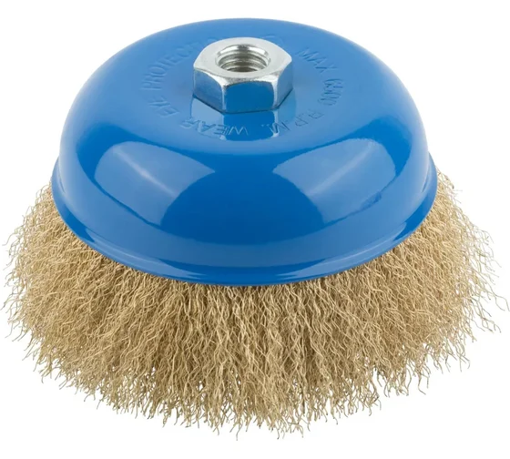 Корщетка-чашка, гайка М14, стальная латунированная волнистая проволока 100 мм, блистер