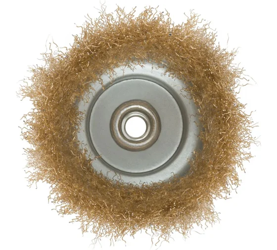 Корщетка-чашка, гайка М14, стальная латунированная волнистая проволока 125 мм, блистер