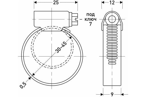 Хомут обжимной накатной, ширина 12 мм, нерж.сталь 30-45 мм
