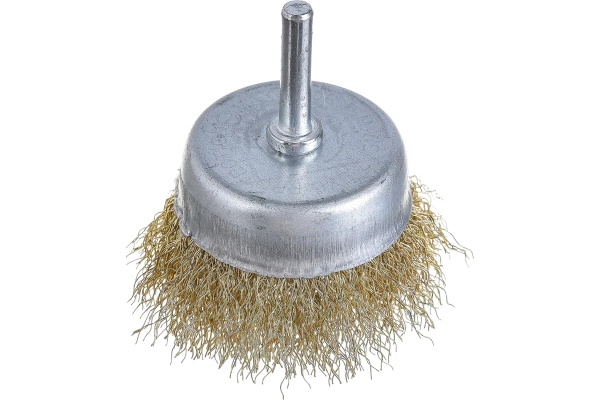 Корщетка чашечная, со шпилькой, стальная латунированная волнистая проволока 65 мм