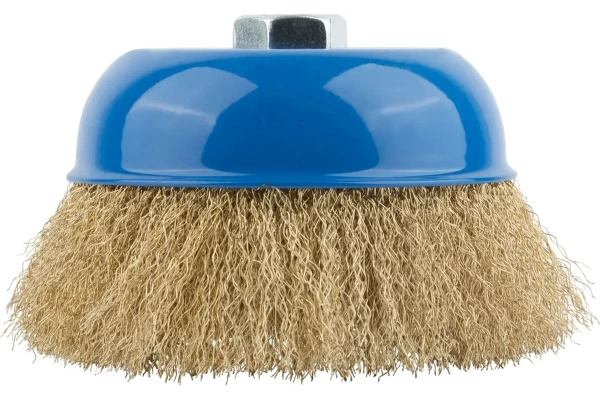 Корщетка-чашка, гайка М14, стальная латунированная волнистая проволока 100 мм, блистер