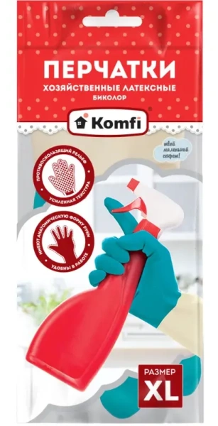 Перчатки латексные хоз. БИКОЛОР (XL) синий+желтый Komfi 